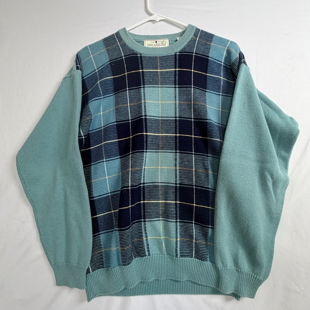 John Ashford Golf Sweater Large Teal Plaid 100% Cotton Crewneck Pullover Mens
